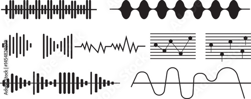 sound waves set. Audio equalizer technology, pulse musical. Music audio frequency, voice line waveform, electronic radio signal, volume level 