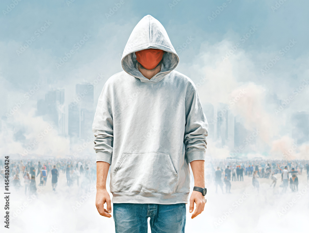 A person in a hoodie and face mask stands in front of a crowd with a hazy cityscape in the background.