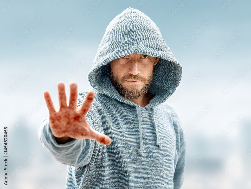 A man in a gray hoodie extends his hand with visible red spots, suggesting illness or infection, against a blurred blue background.