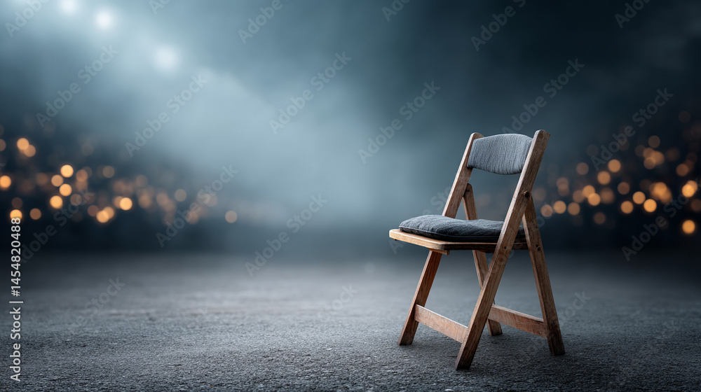 A single folding chair sits alone under dramatic lighting, surrounded by a blurred, bokeh-lit background.