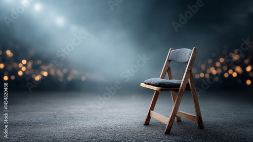 Obraz na płótnie A single folding chair sits alone under dramatic lighting, surrounded by a blurred, bokeh-lit background. w salonie
