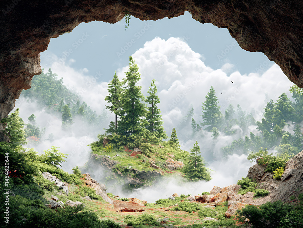 A lush forest landscape seen through a cave opening, with clouds and mist surrounding green pine trees under a bright sky.