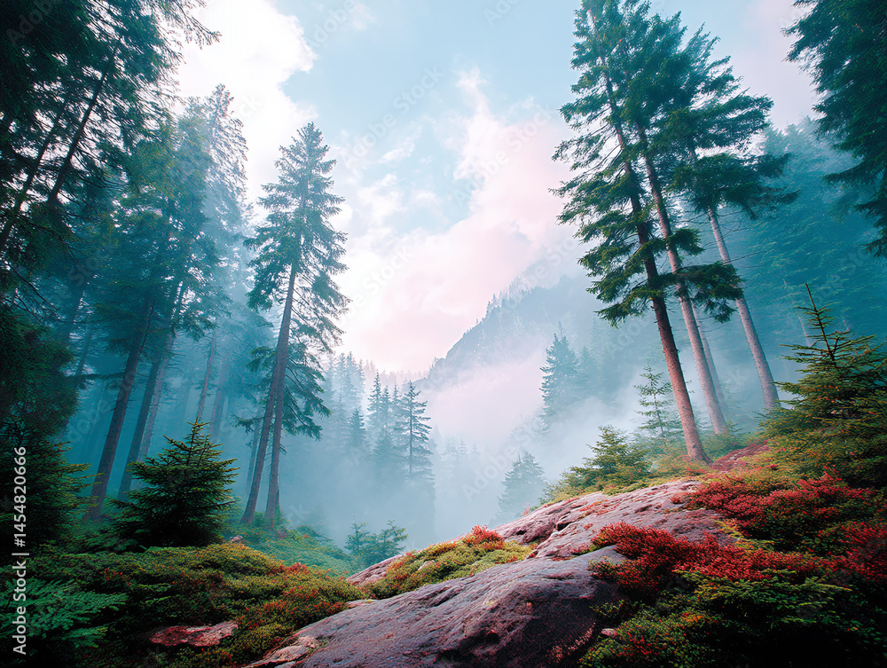 A lush forest with tall pine trees, mist, and rocky terrain under a pastel sky, evoking tranquility and natural beauty.