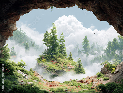 Obraz na płótnie A lush forest landscape seen through a cave opening, with clouds and mist surrounding green pine trees under a bright sky. w salonie