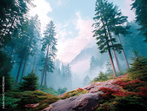 Obraz na płótnie A lush forest with tall pine trees, mist, and rocky terrain under a pastel sky, evoking tranquility and natural beauty. w salonie
