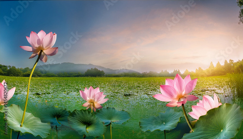 pink lotus on green natural light long panorama background