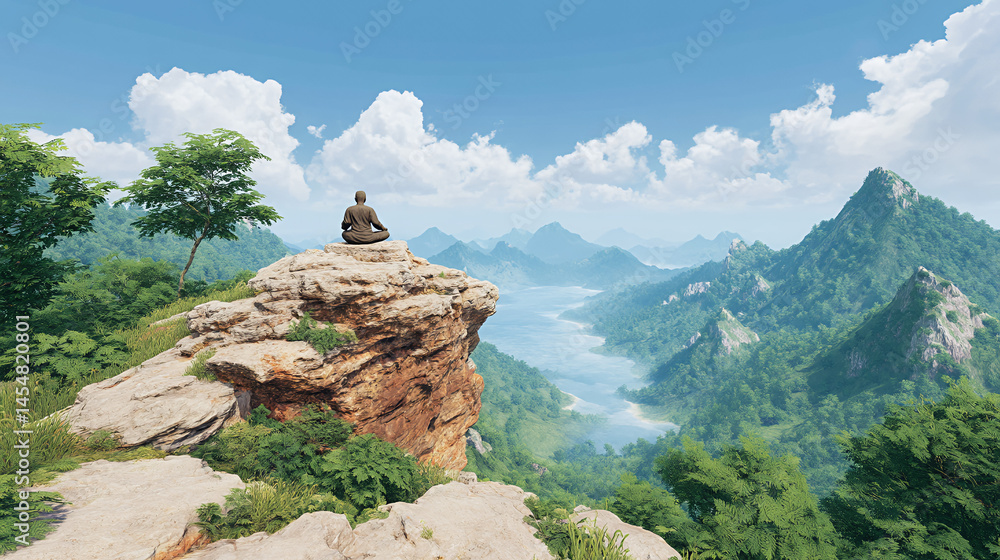 A person meditates atop a rocky cliff, overlooking lush green mountains and a winding river under a clear blue sky.