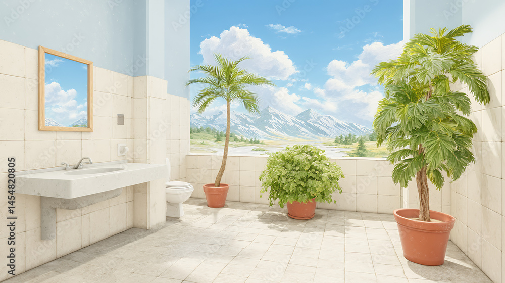 Bright bathroom with potted plants, a mountain view, white tiles, a mirror, and natural sunlight streaming in through a large open window.