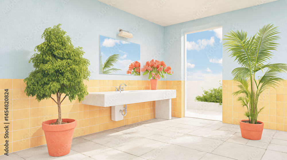 Bright bathroom with large potted plants, a sink, mirror, and an open door revealing a sunny sky with clouds outside.
