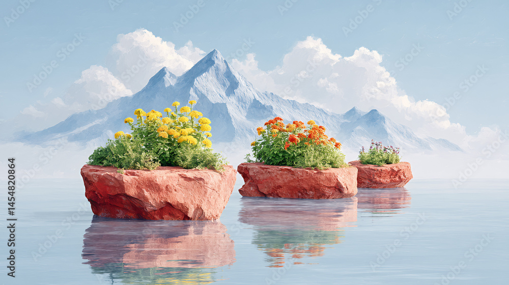 Three floating rocky islands with blooming flowers reflect on calm water, with majestic mountains and clouds in the background.