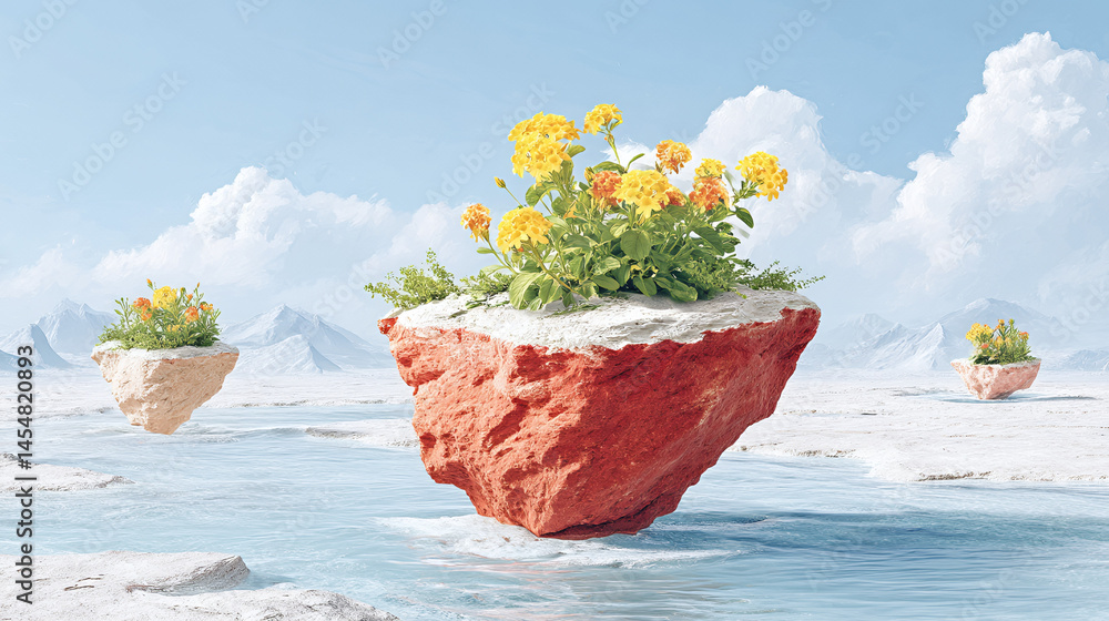 Floating rocks with yellow flowers hover above a serene water landscape under a bright, cloudy sky.