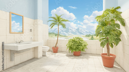 Obraz na płótnie Bright bathroom with potted plants, a mountain view, white tiles, a mirror, and natural sunlight streaming in through a large open window. w salonie
