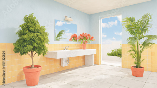 Obraz na płótnie Bright bathroom with large potted plants, a sink, mirror, and an open door revealing a sunny sky with clouds outside. w salonie