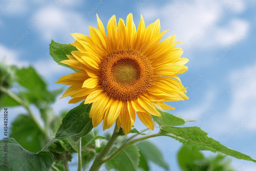 Bright Yellow Sunflower in Bloom Against Blue Sky Background – Close Up of Helianthus Flower in Natural Summer Light Bright Yellow Sunflower in Bloom Against Blue Sky Background – Close Up of Helianthus Flower in Natural Summer Light