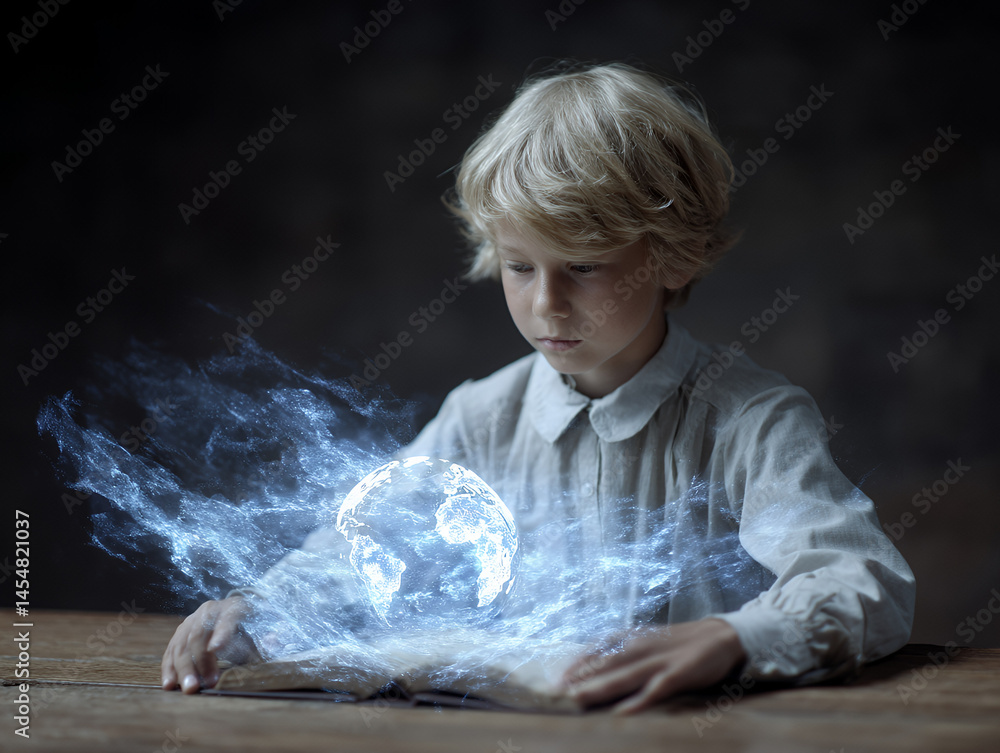 A young boy reads a book as a glowing holographic Earth floats above the pages, illuminating his face in a dark room.