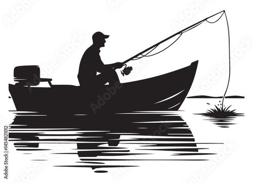 Silhouette Fisherman on Boat Fishing Rod Catching Fish Water Reflection