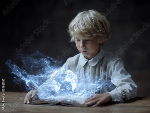 Obraz na płótnie A young boy reads a book as a glowing holographic Earth floats above the pages, illuminating his face in a dark room. w salonie