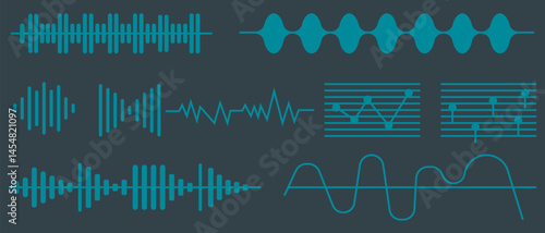 sound waves set. Audio equalizer technology, pulse musical. Music audio frequency, voice line waveform, electronic radio signal, volume level 