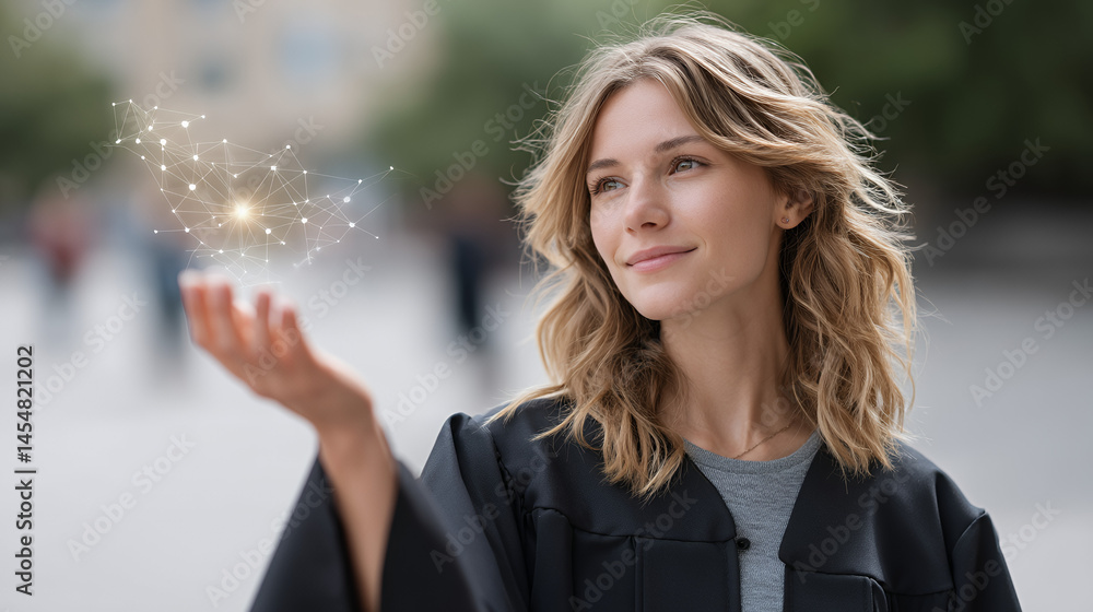 A young graduate in a gown smiles, holding a digital network graphic in her hand, symbolizing technology and achievement.