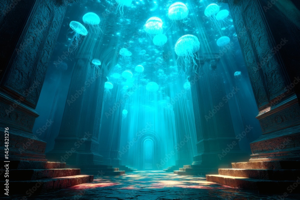 Naklejka premium Submerged temple with glowing jellyfish