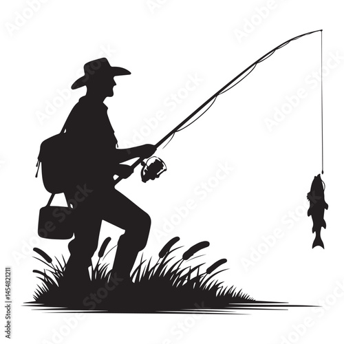 Fisherman Catching Fish Silhouette Enjoying Outdoor Hobby Illustration Art