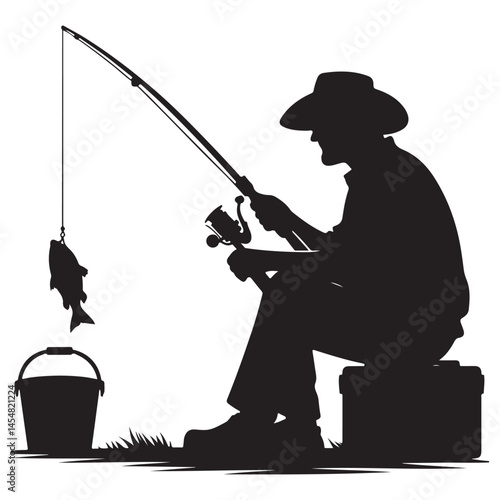 Relaxed Fisherman Sitting with Bucket Catch Silhouette Vector Art