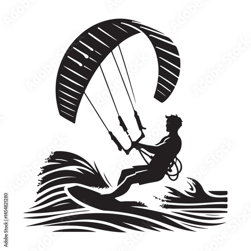 Kitesurfing Silhouette on Waves Extreme Water Sport Adventure Illustration