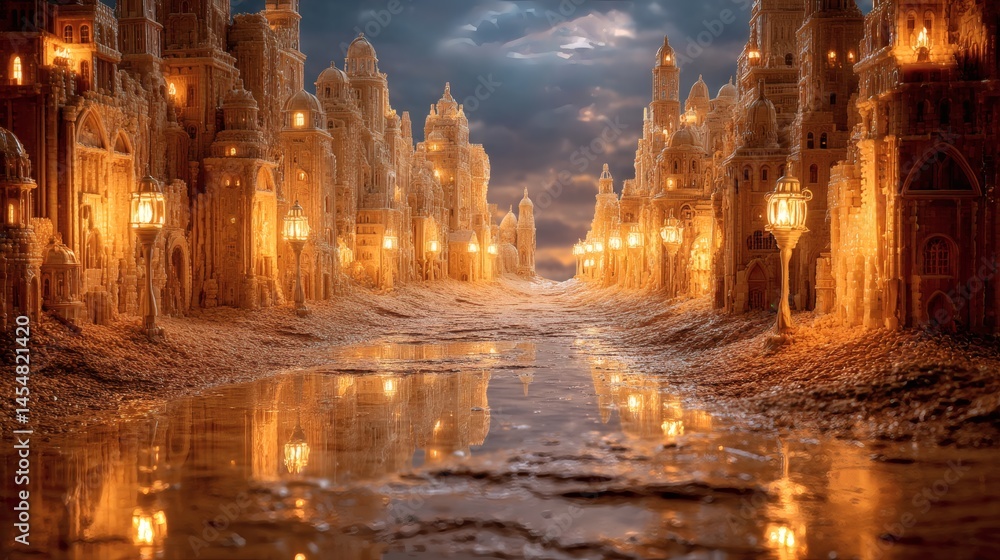 An enchanting, illuminated cityscape reflecting in calm water An enchanting, illuminated cityscape reflecting in calm water