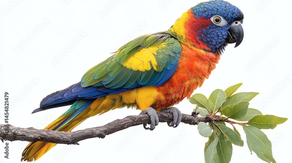 Fototapeta premium Striking colorful parrot perched on a branch featuring blue, red, yellow, green plumage, detailed feathers, and dark beak on a transparent background, PNG image, PNG file.
