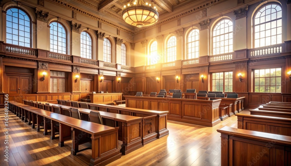 Empty courtroom interior with sunlight – Generative AI Image Empty courtroom interior with sunlight – Generative AI Image