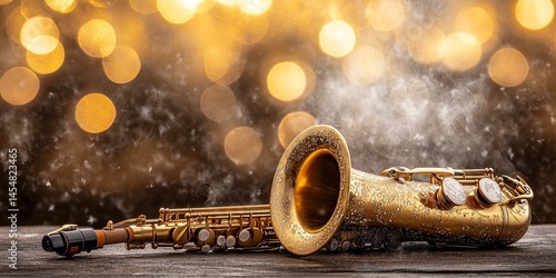 Golden saxophone resting on a wooden surface.