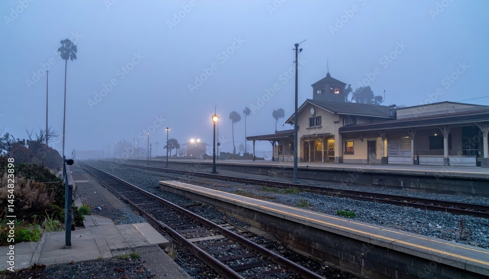 Fototapeta premium Foggy Train Station at Dusk Surrounded by Palm Trees and Silence