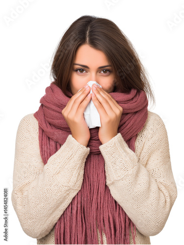 Sick woman Holding Tissue to Nose