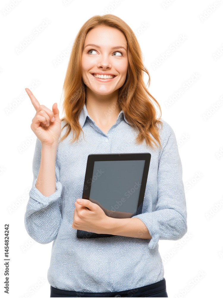 Confident Presenter Holding Tablet and Pointing Up Confident Presenter Holding Tablet and Pointing Up