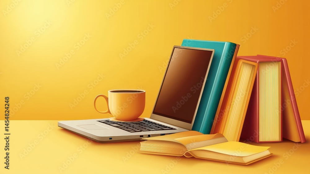 Fototapeta premium a laptop, books and coffee cup on a yellow background with copy space for a text web banner design template for online education or digital learning concepts.