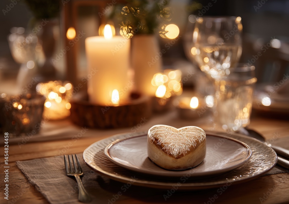 Obraz premium Romantic candlelit dinner with heart-shaped dessert.