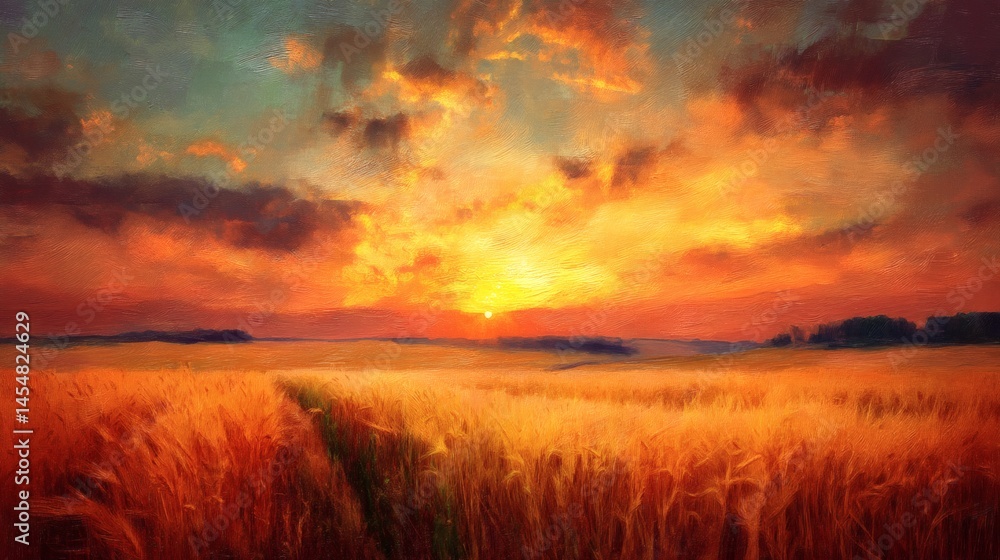Fototapeta premium A breathtaking sunset over a field of golden wheat, painting the sky with vibrant hues. The sky is full of beautiful clouds that create the stunning scenery
