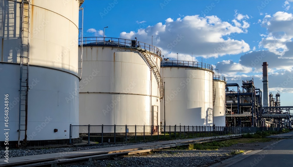 Industrial Storage Tanks Under Clear Blue Sky with Clouds Evening Industrial Storage Tanks Under Clear Blue Sky with Clouds Evening