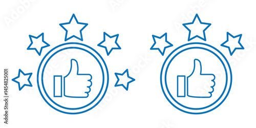 Five Star Rating with thumbs up icon. Rating stars badges customer positive feedback for quality service. Product Positive review of customer Survey. Like, thumb up and stars, Rating icon.