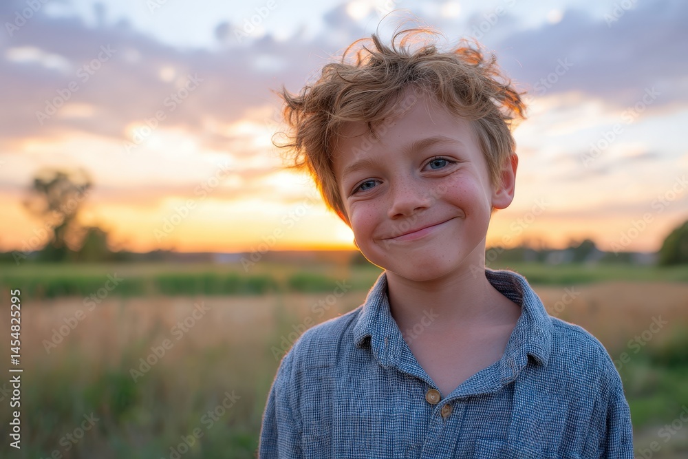 Smiling young boy at sunset in a field. Smiling young boy at sunset in a field.