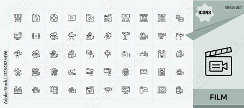 Film vector line icon set. Multimedia icon set. Thin web icons. Contains such symbols as television, video, media, cinema, multimedia, movie and more. Vector illustration.