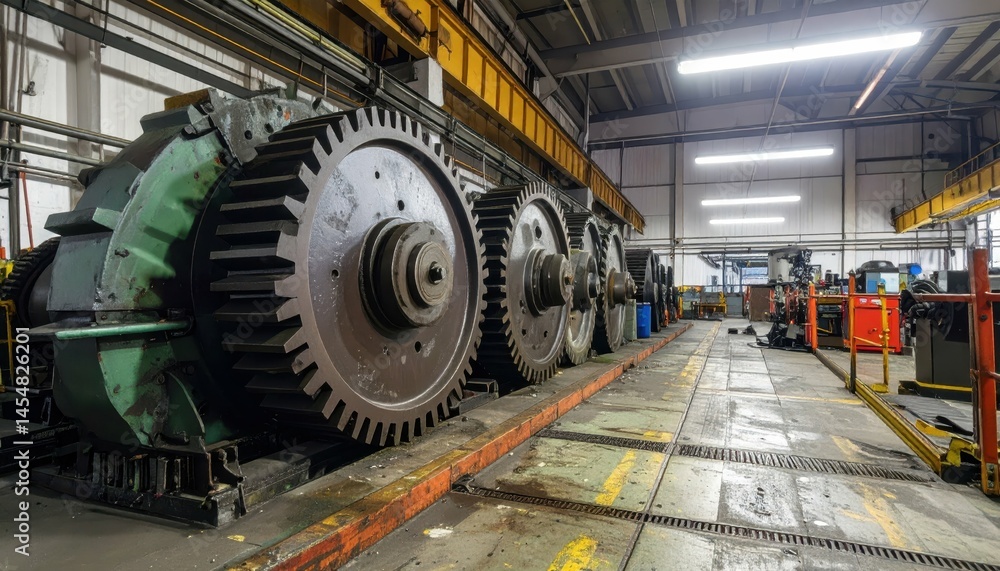 Large Industrial Gears in Manufacturing Workshop with Machinery Large Industrial Gears in Manufacturing Workshop with Machinery