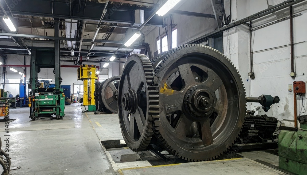 Large industrial gears on display in a spacious manufacturing facility Large industrial gears on display in a spacious manufacturing facility
