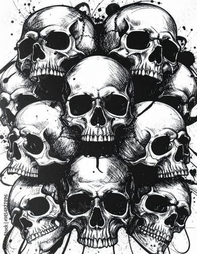 skull and bones illustration black and white graphic. Generative ai image. 
