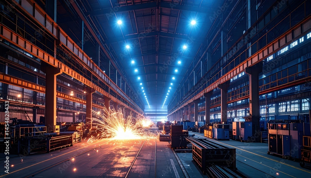 Obraz premium Sparks Fly in Modern Industrial Warehouse with Bright Lighting