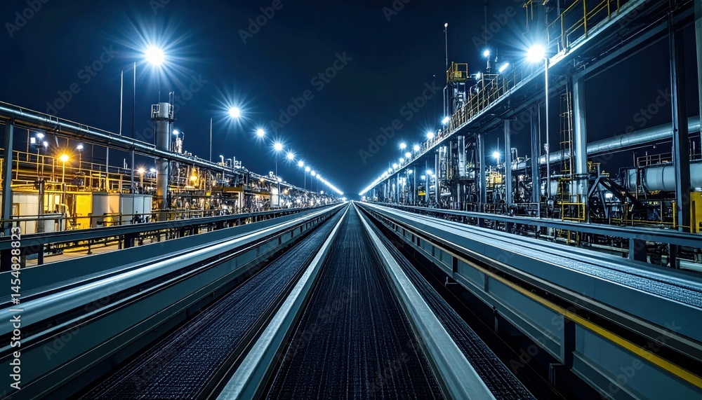 Fototapeta premium Nighttime Industrial Scene with Illuminated Railway Tracks and Facilities