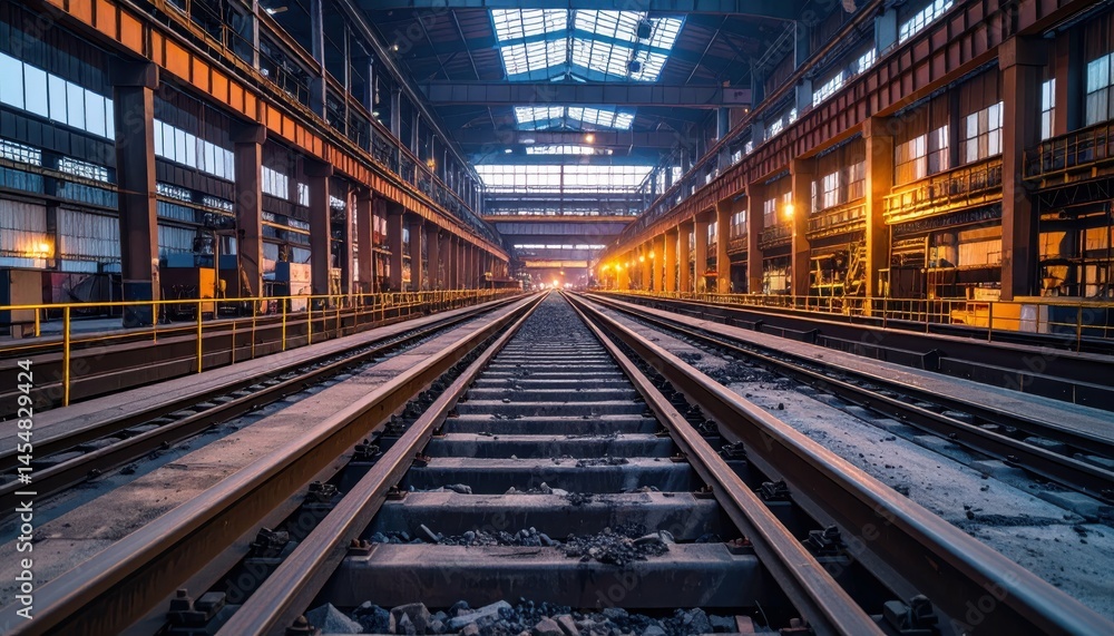 Industrial Railway Tracks Inside a Large Warehouse at Dusk Industrial Railway Tracks Inside a Large Warehouse at Dusk