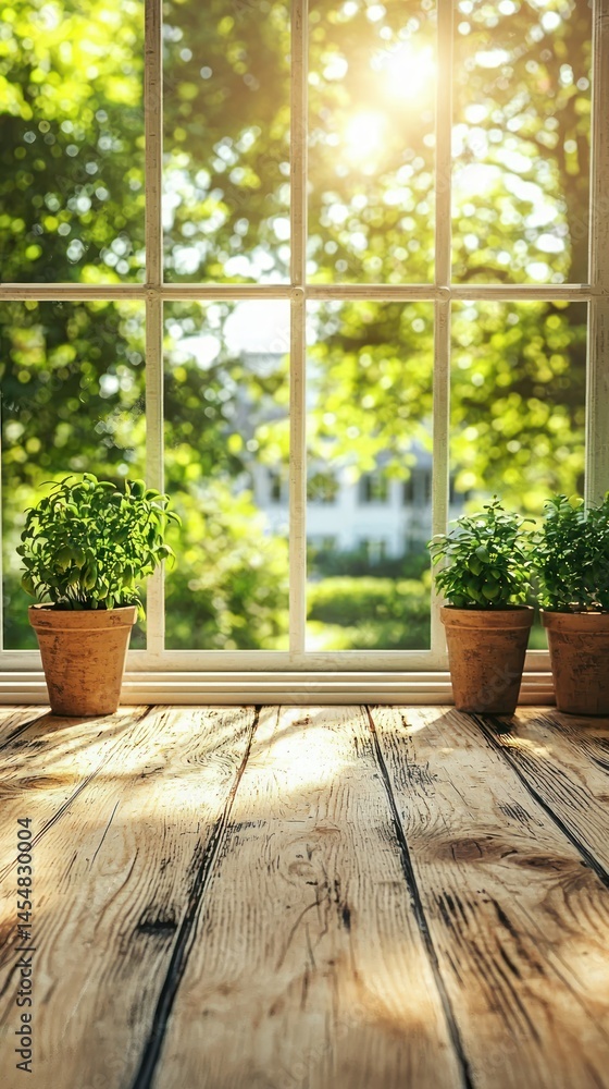 Sunny window view with potted plants on wooden table Sunny window view with potted plants on wooden table