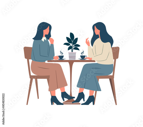 A warm illustration of friendship and conversation over cups of coffee.