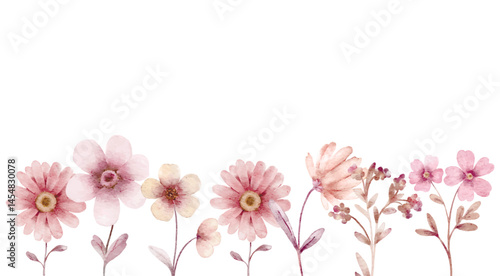 border with copy space pink watercolor flowers in a horizontal row with soft, dreamy effect. Ideal for borders on greeting cards, feminine stationery, or nature-inspired backgrounds, isolated on white